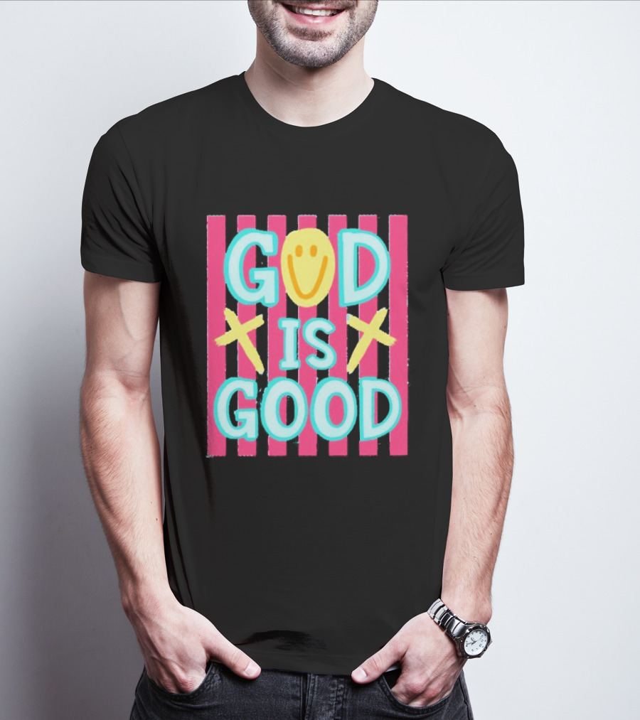 God Is Good Smiley Face Crosses Pink Stripes T-Shirt