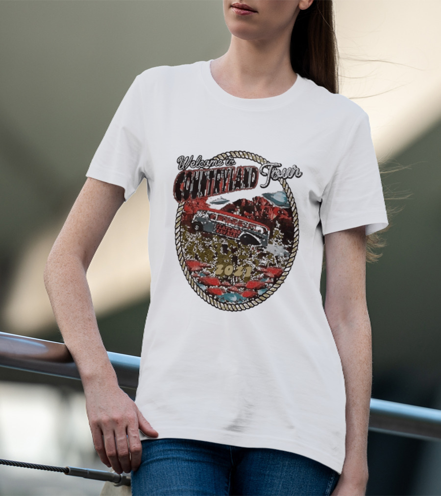 Welcome To Countryland Tour 2021 Flatland Cavalry Bus And Desert Scene T-Shirt