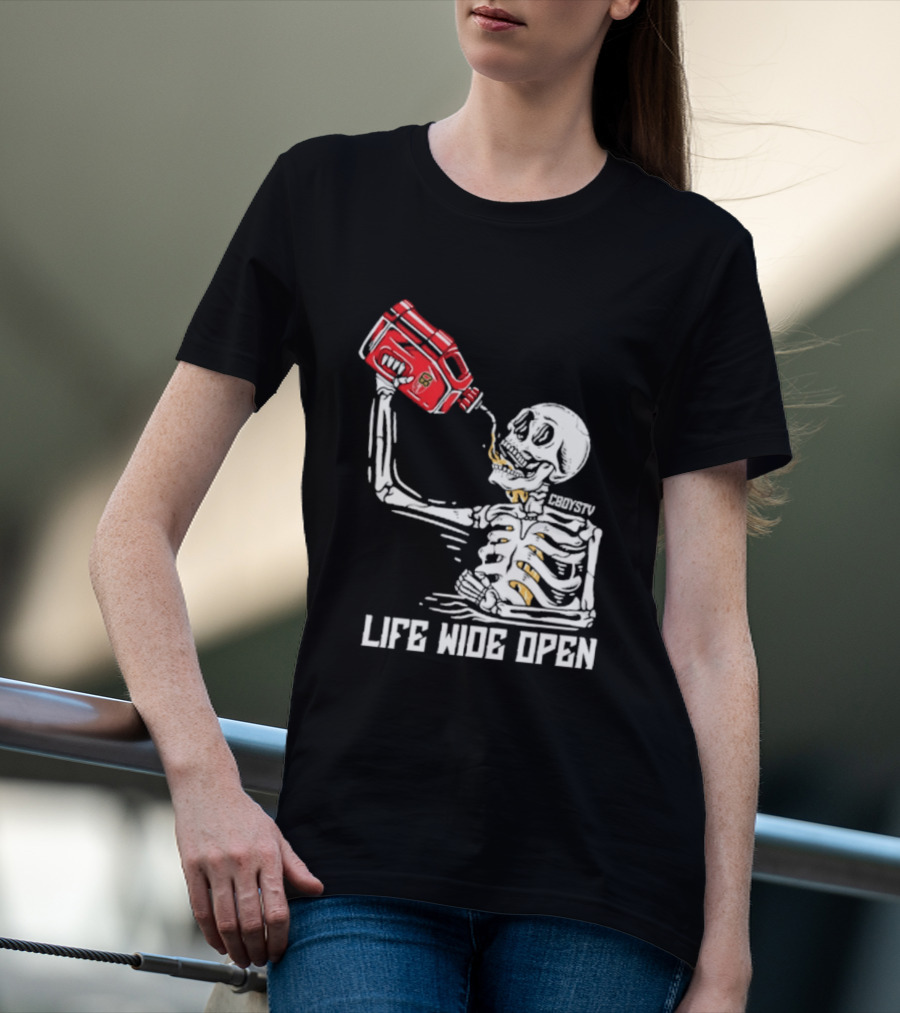 Cboystv Life Wide Open Skeleton Drinking Soul Fuel T-Shirt