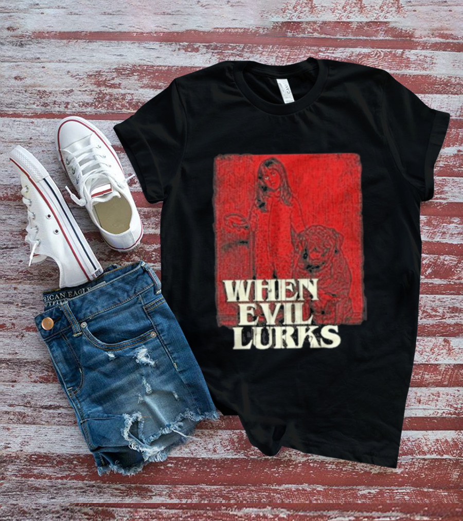 When Evil Lurks Red Background Girl With Bear T-Shirt