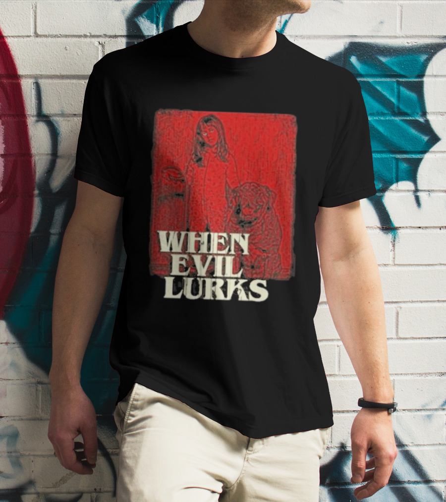 When Evil Lurks Red Background Girl With Bear T-Shirt
