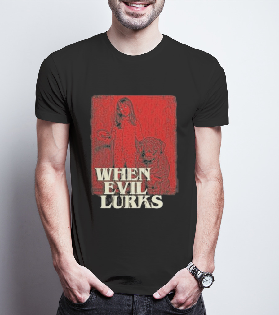 When Evil Lurks Red Background Girl With Bear T-Shirt