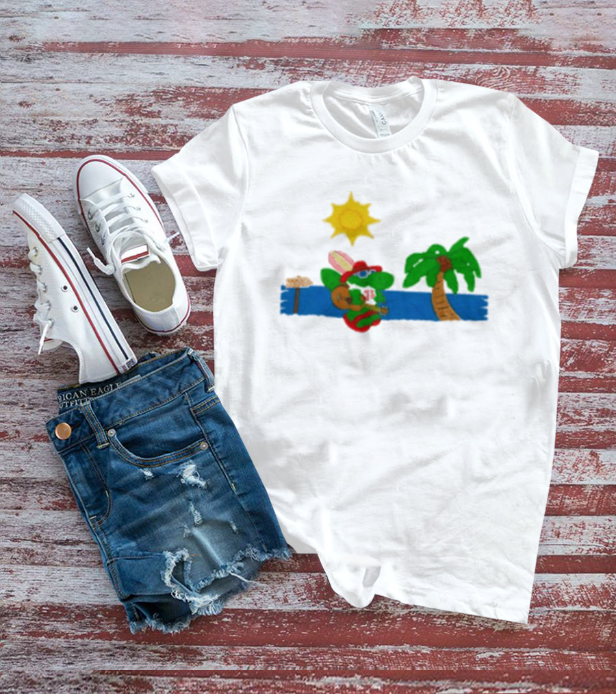 Jimmy Buffett Gator With Guitar By Palm Tree And Sun T-Shirt