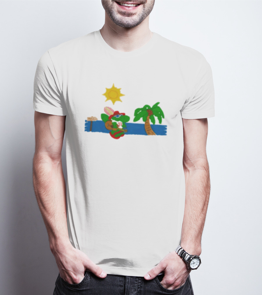 Jimmy Buffett Gator With Guitar By Palm Tree And Sun T-Shirt