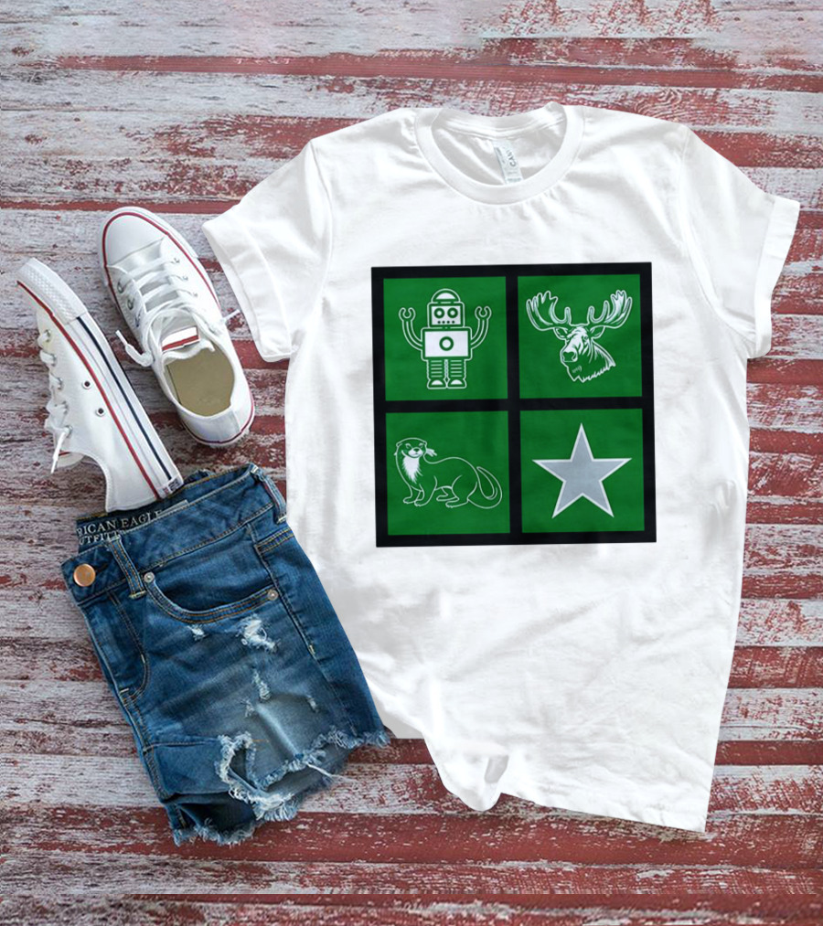 Robot Moose Otter Star Quadrant On Green T-Shirt