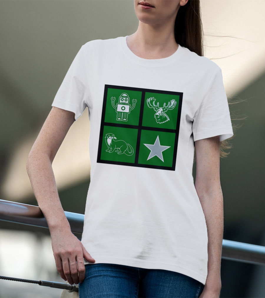 Robot Moose Otter Star Quadrant On Green T-Shirt