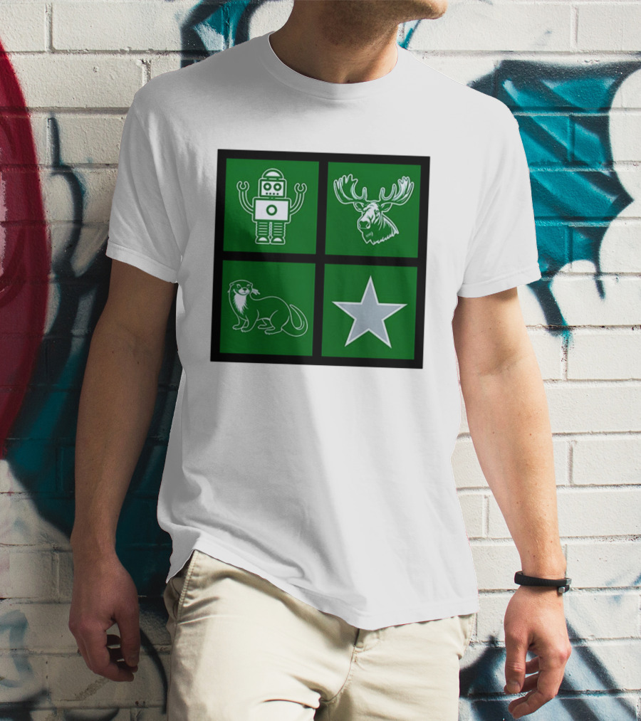 Robot Moose Otter Star Quadrant On Green T-Shirt
