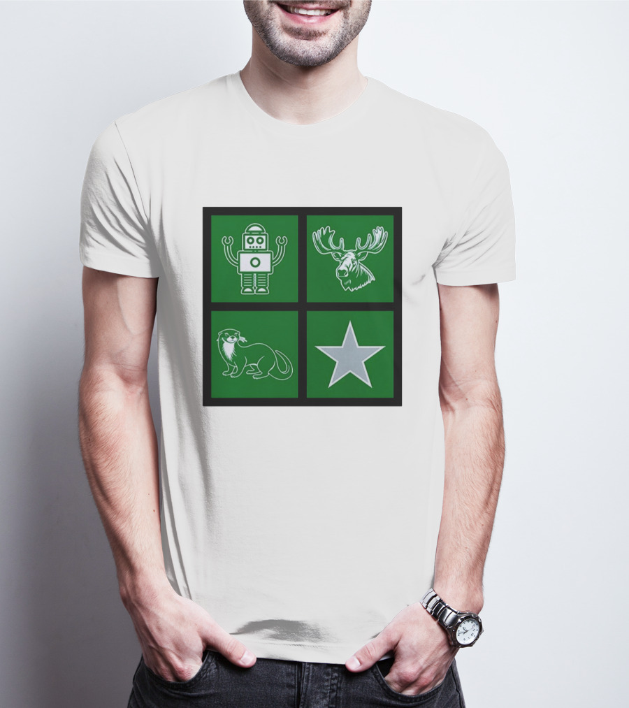 Robot Moose Otter Star Quadrant On Green T-Shirt