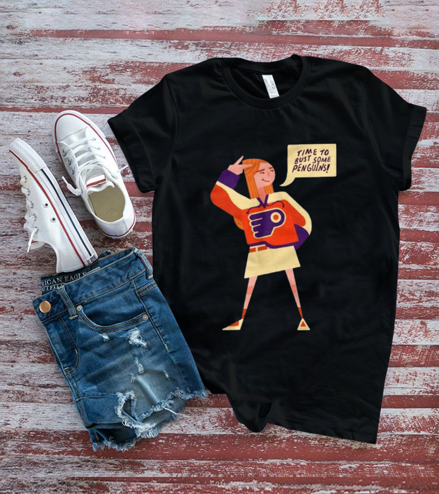 Philadelphia Flyers Time To Bust Some Penguins Retro Cartoon T-Shirt
