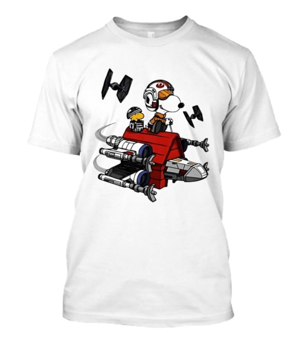 Space Beagle Snoopy Star Wars X Wing Doghouse Woodstock TIE Fighters T-Shirt