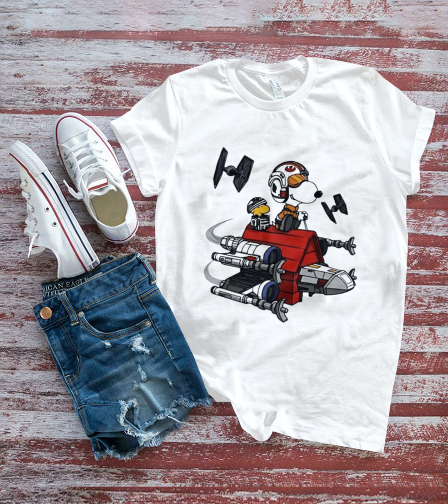 Space Beagle Snoopy Star Wars X Wing Doghouse Woodstock TIE Fighters T-Shirt