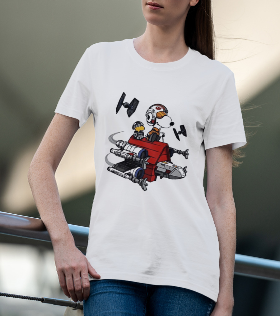 Space Beagle Snoopy Star Wars X Wing Doghouse Woodstock TIE Fighters T-Shirt