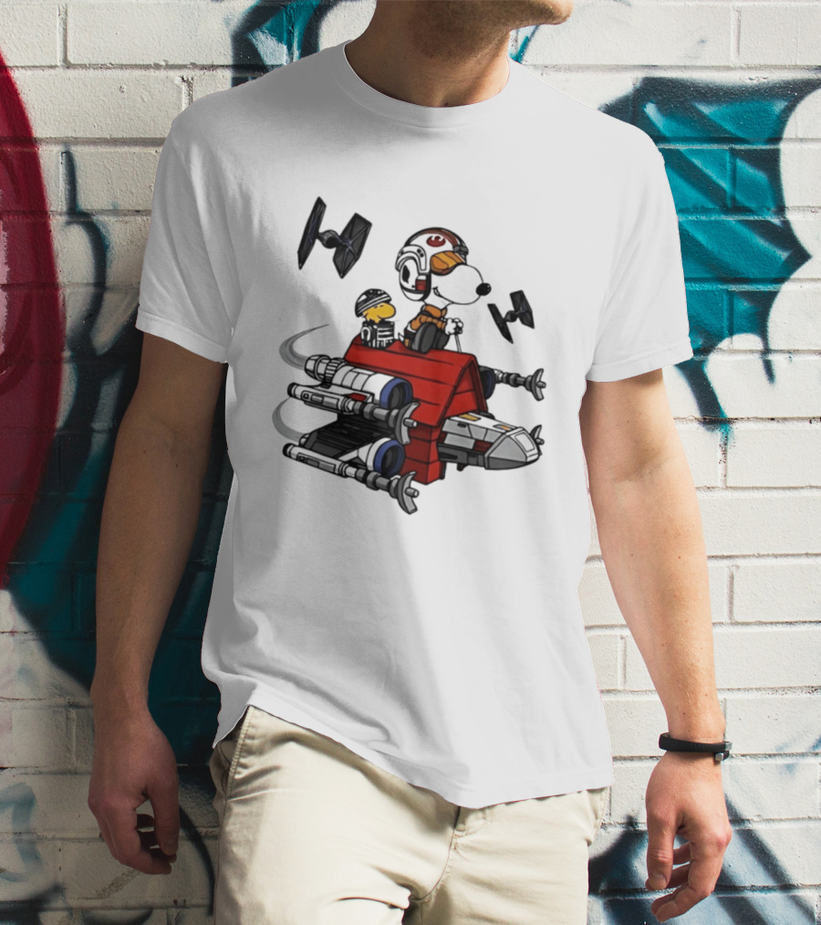 Space Beagle Snoopy Star Wars X Wing Doghouse Woodstock TIE Fighters T-Shirt