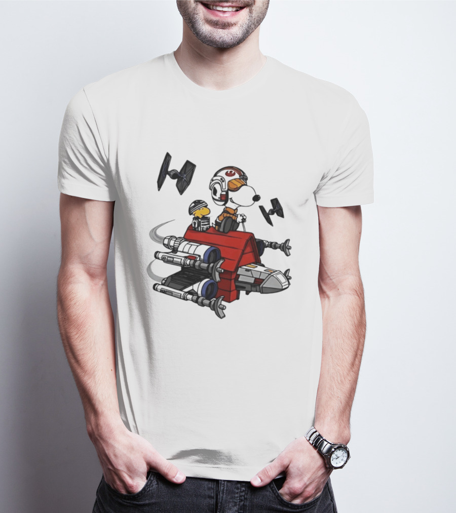 Space Beagle Snoopy Star Wars X Wing Doghouse Woodstock TIE Fighters T-Shirt