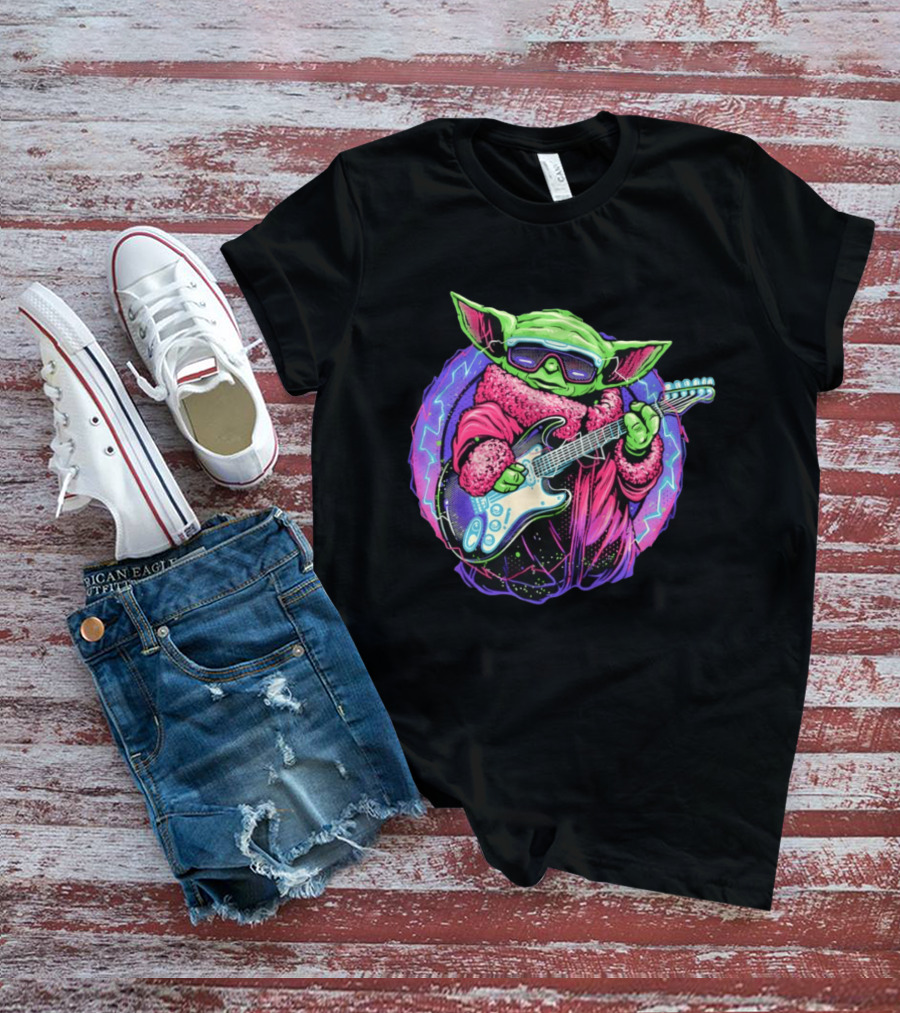 Grogu Electric Galaxy Guitar Blue Neon Lightning T-Shirt
