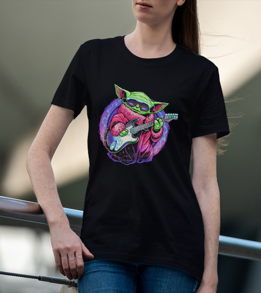 Grogu Electric Galaxy Guitar Blue Neon Lightning T-Shirt