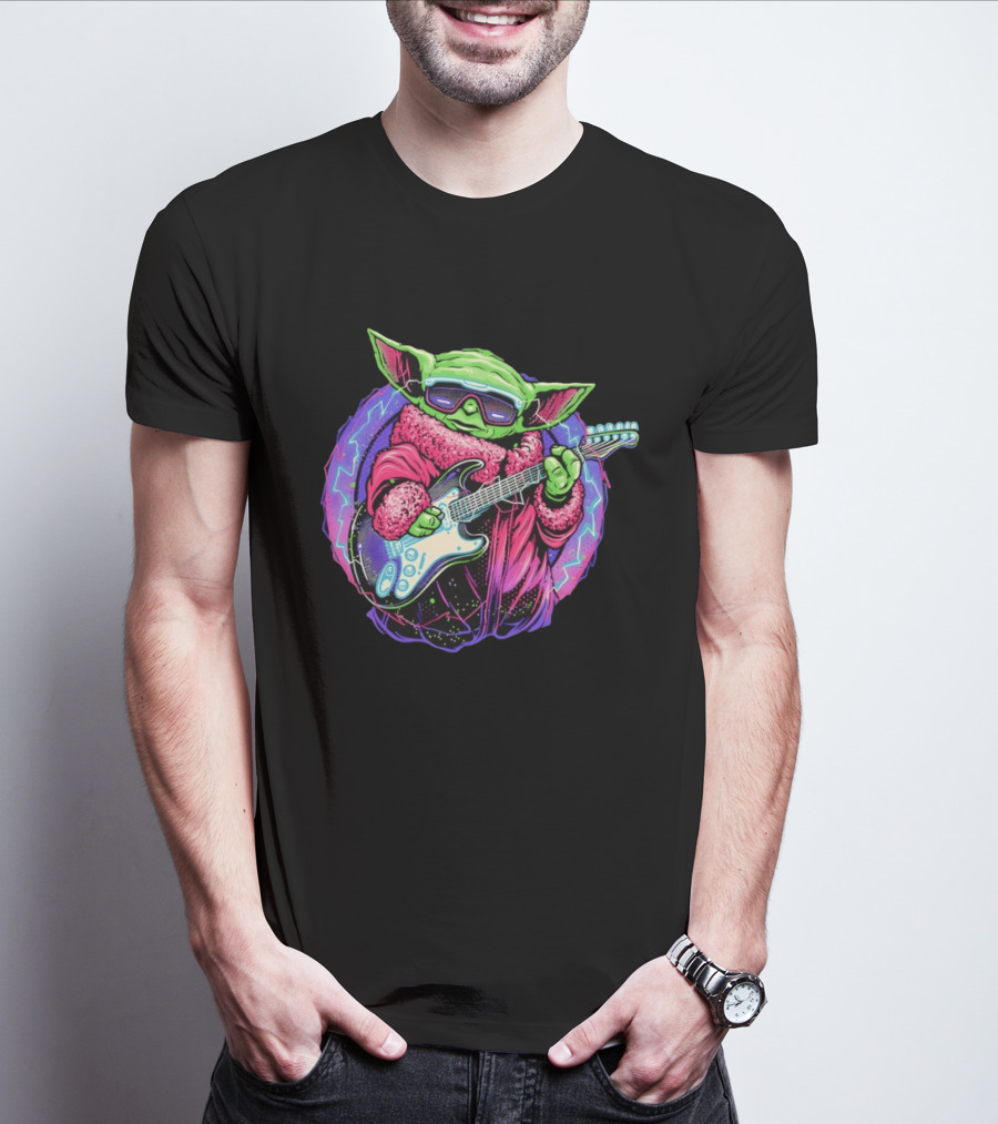 Grogu Electric Galaxy Guitar Blue Neon Lightning T-Shirt