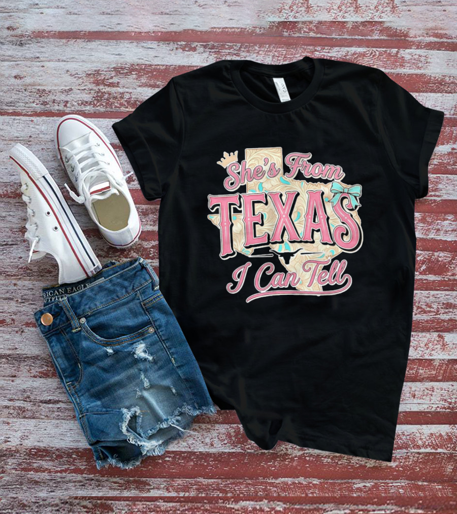 She's From Texas I Can Tell Texas Map Crown Bow T-Shirt