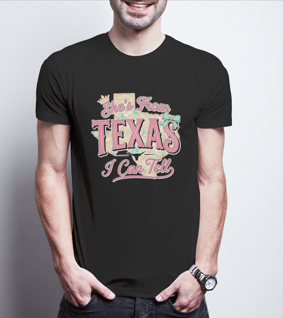 She's From Texas I Can Tell Texas Map Crown Bow T-Shirt