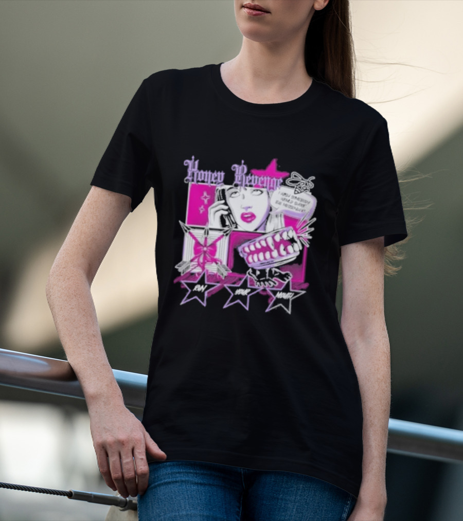Honey Revenge Comic Style Pink And Black Lips Starburst T-Shirt