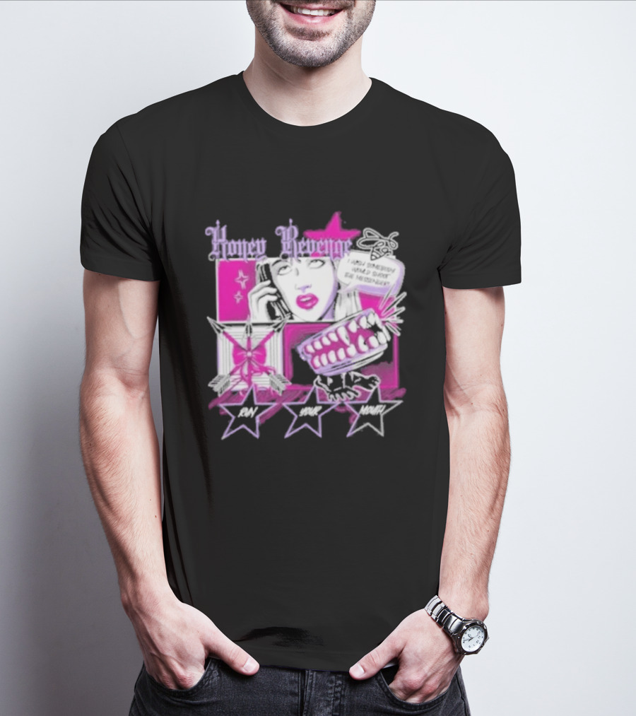 Honey Revenge Comic Style Pink And Black Lips Starburst T-Shirt