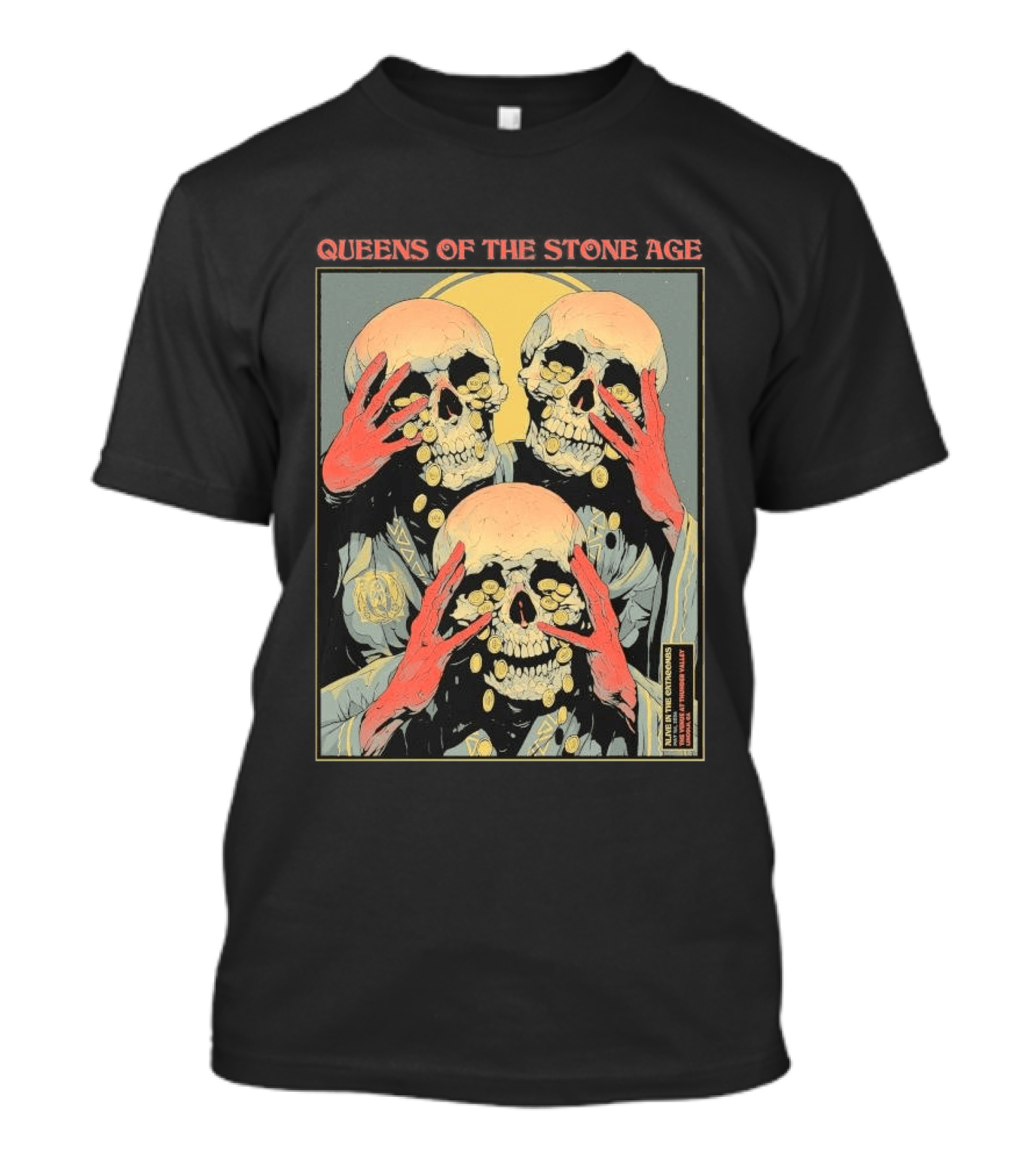 Queens Of The Stone Age Lincoln CA 5.1.2026 Skull Imagery With Coins T-Shirt