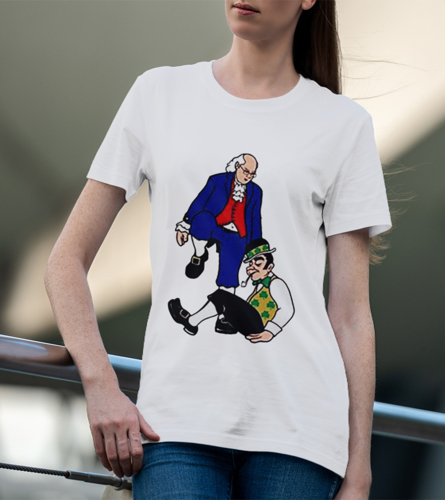 Ben Franklin Stepover Cartoon Colonial Vs Leprechaun T-Shirt