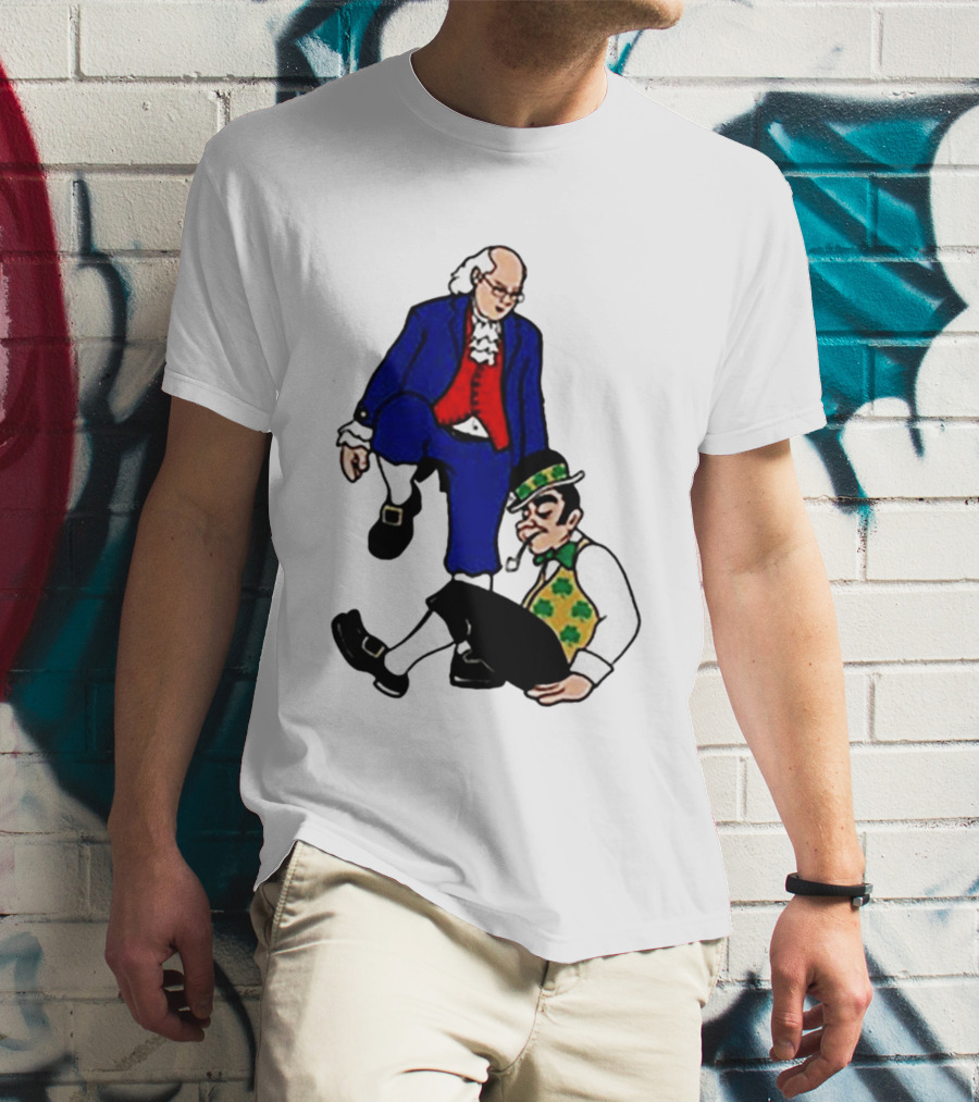 Ben Franklin Stepover Cartoon Colonial Vs Leprechaun T-Shirt
