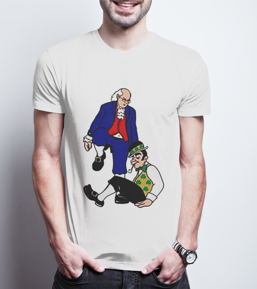 Ben Franklin Stepover Cartoon Colonial Vs Leprechaun T-Shirt