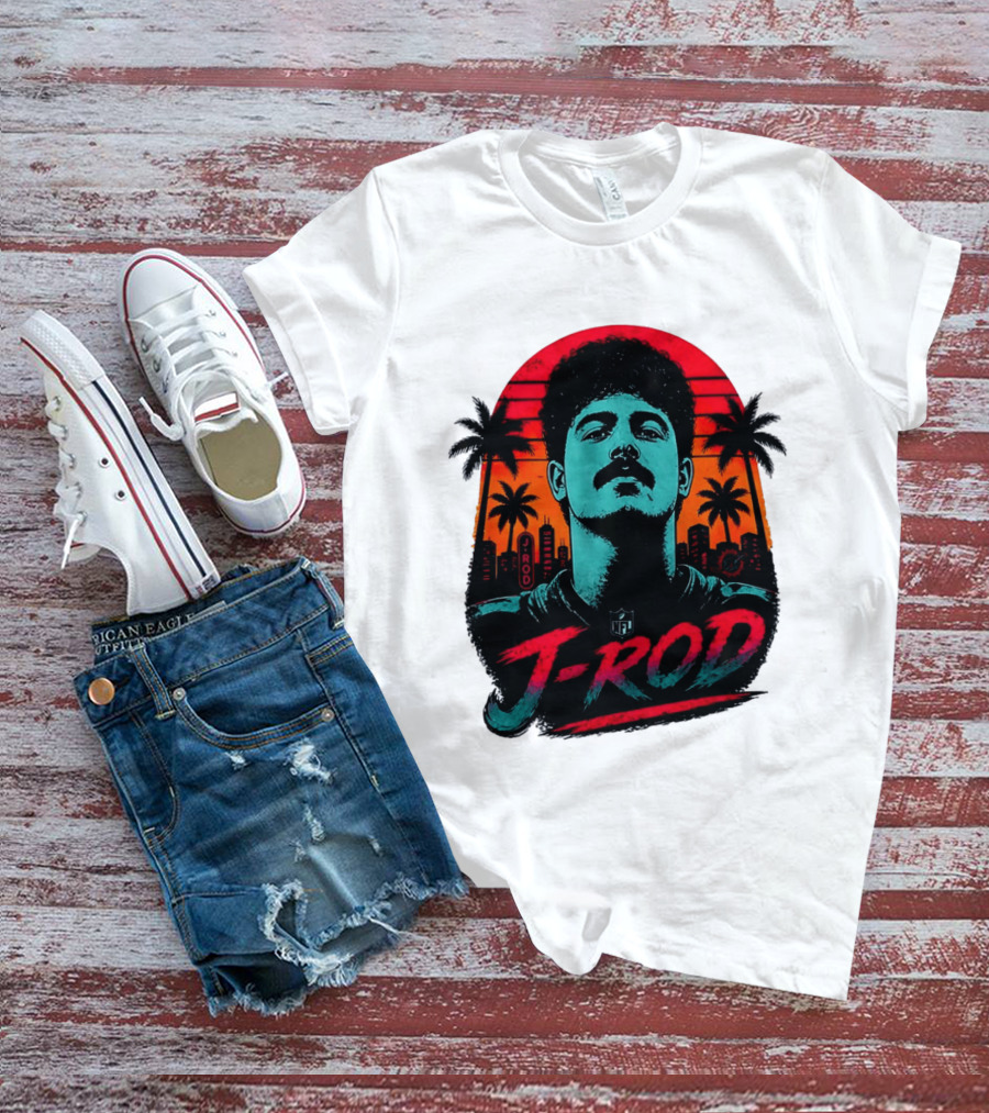 J Rod Retro Sunset Vibes With NFL And Palm Trees T-Shirt