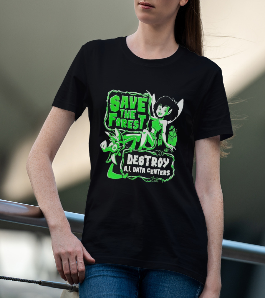 Save The Forest Destroy A.I. Data Centers Cartoon Fairy And Boar T-Shirt