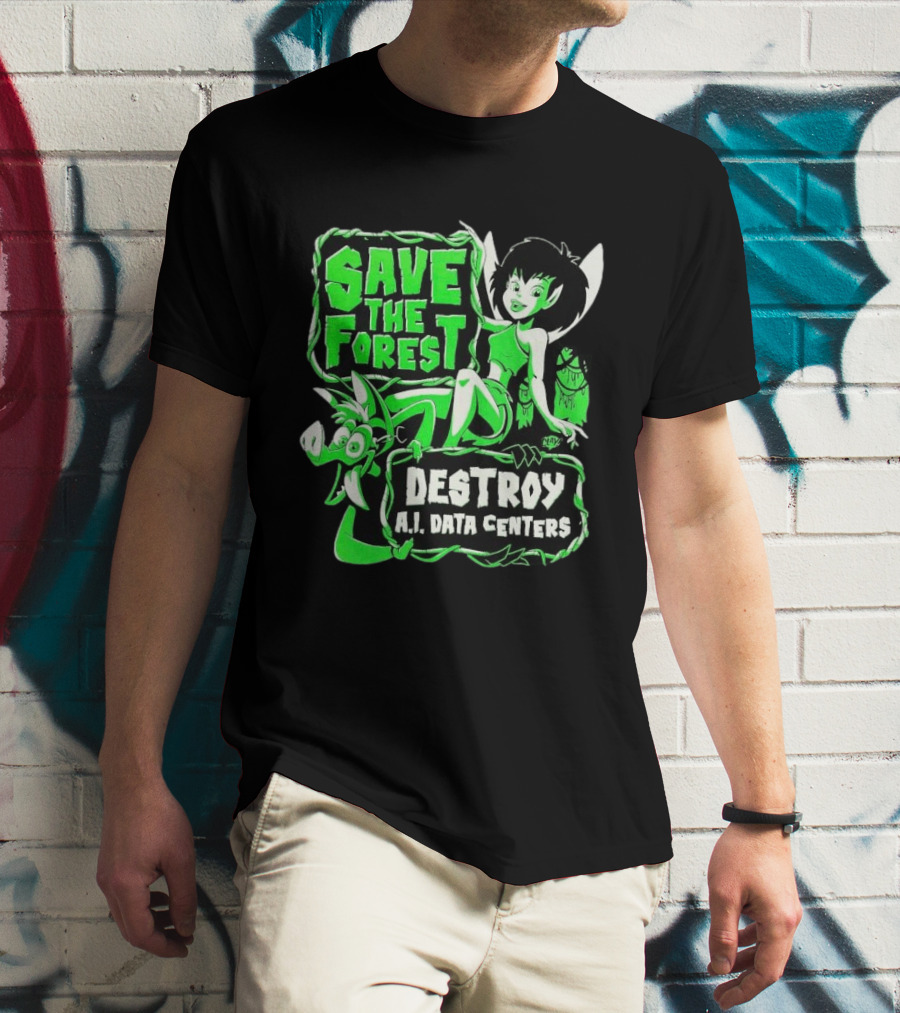 Save The Forest Destroy A.I. Data Centers Cartoon Fairy And Boar T-Shirt
