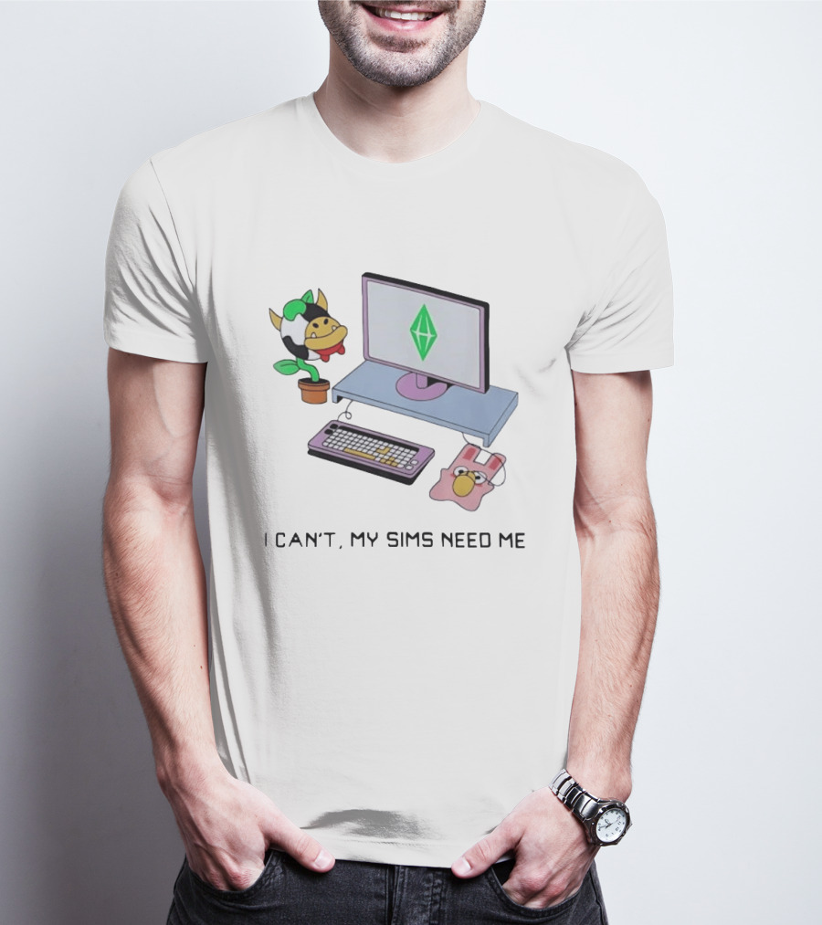 I Can't My Sims Need Me Cowplant Computer And Plumbob Gaming Setup T-Shirt