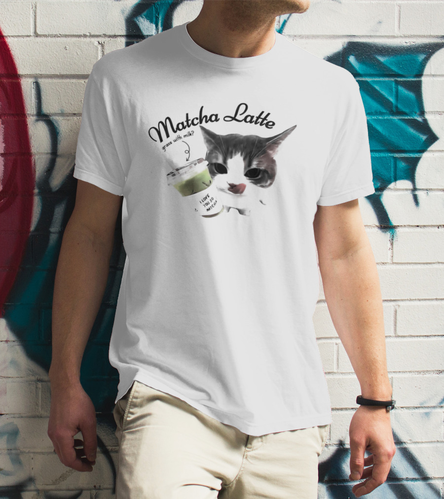 Matcha Latte Coffee Cat Kawaii With Paw And Tail T-Shirt