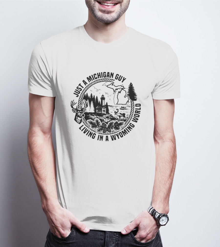 Just A Michigan Guy Living In A Wyoming World Deer Lighthouse Nature Map T-Shirt