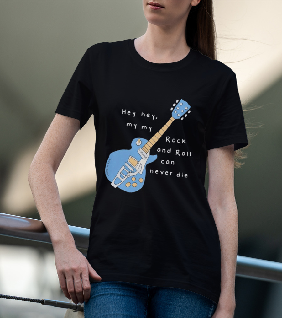 Hey Hey My My Rock And Roll Can Never Die Blue Guitar T-Shirt
