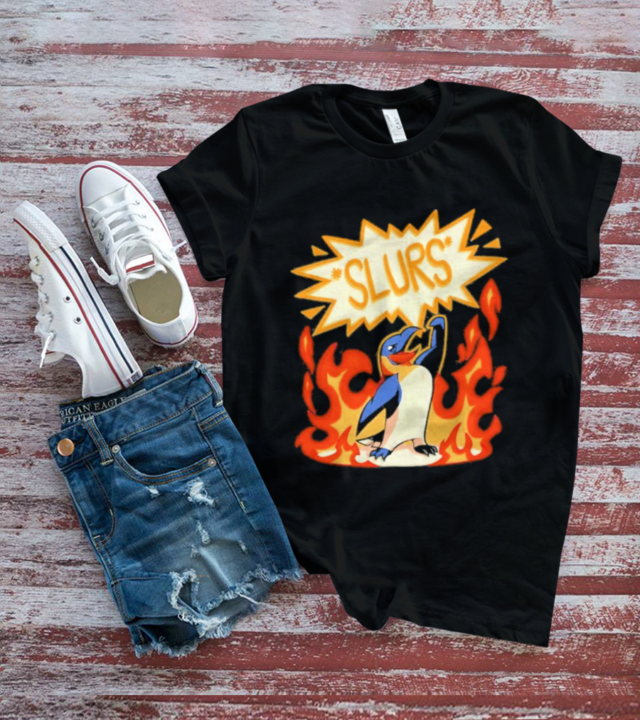 Penguin Slurs Cartoon Flaming Penguin In Fiery Speech Bubble T-Shirt