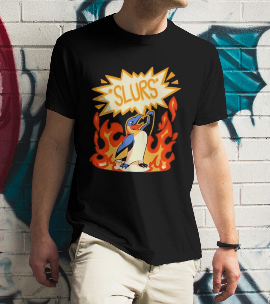 Penguin Slurs Cartoon Flaming Penguin In Fiery Speech Bubble T-Shirt