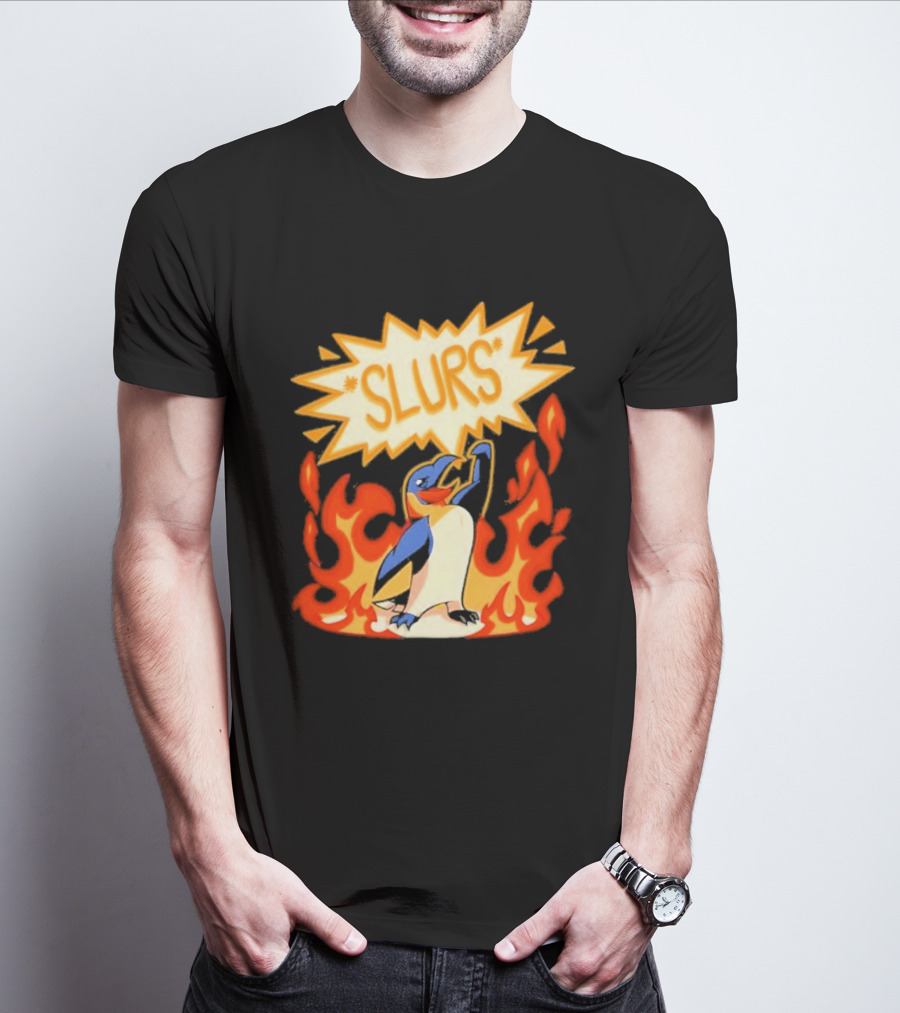 Penguin Slurs Cartoon Flaming Penguin In Fiery Speech Bubble T-Shirt