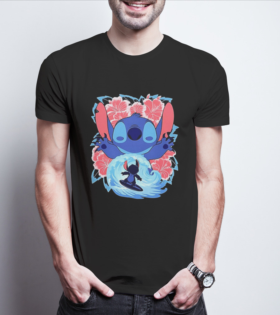 Lilo And Stitch Surfing Tropical Hibiscus Flowers T-Shirt