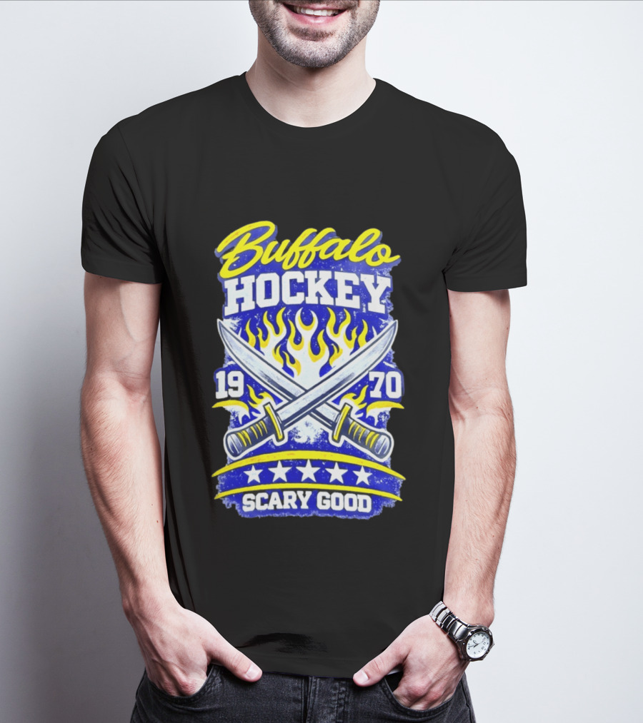 Buffalo Hockey 1970 Scary Good Crossed Swords Flames T-Shirt