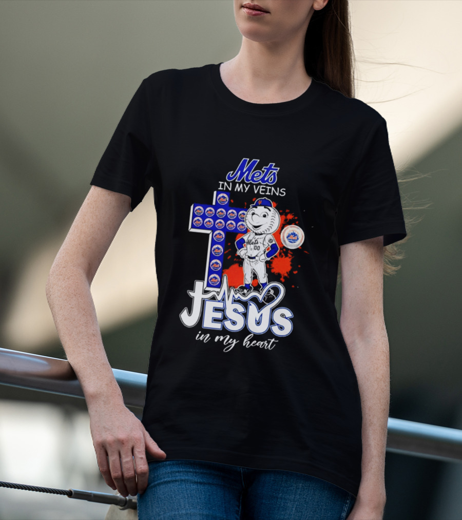 Mets In My Veins Jesus In My Heart Cross And Baseball T-Shirt