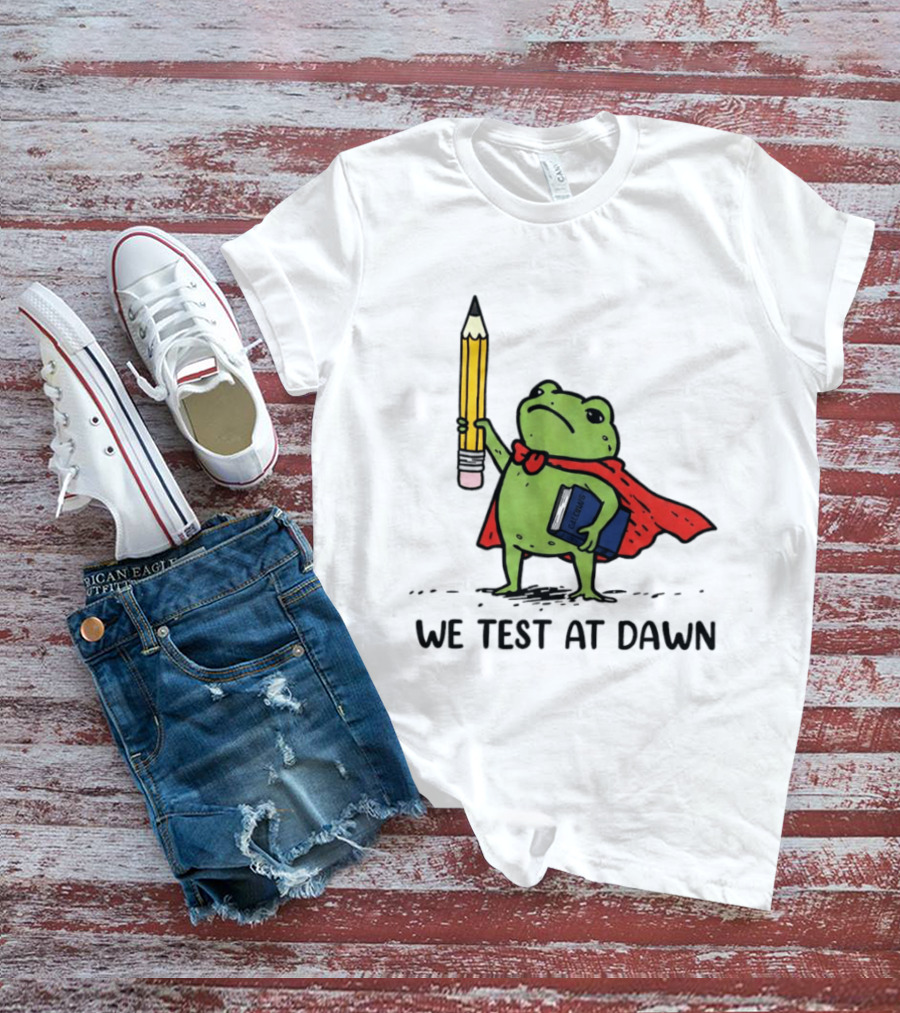 Teacher Frog We Test At Dawn Superhero Pencil And Calculator T-Shirt