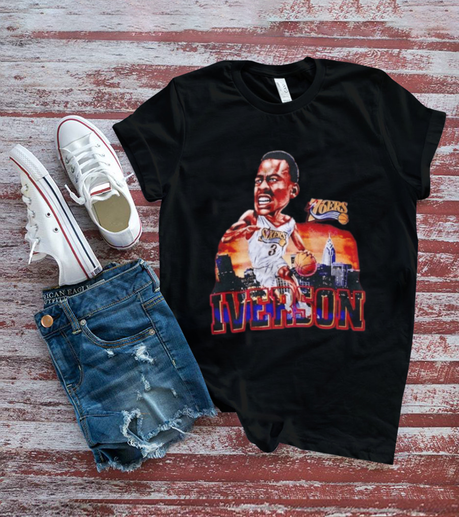 Allen Iverson 76ers Caricature With Philadelphia Skyline T-Shirt