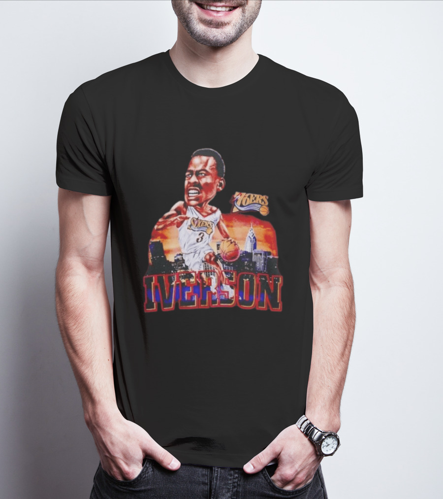 Allen Iverson 76ers Caricature With Philadelphia Skyline T-Shirt