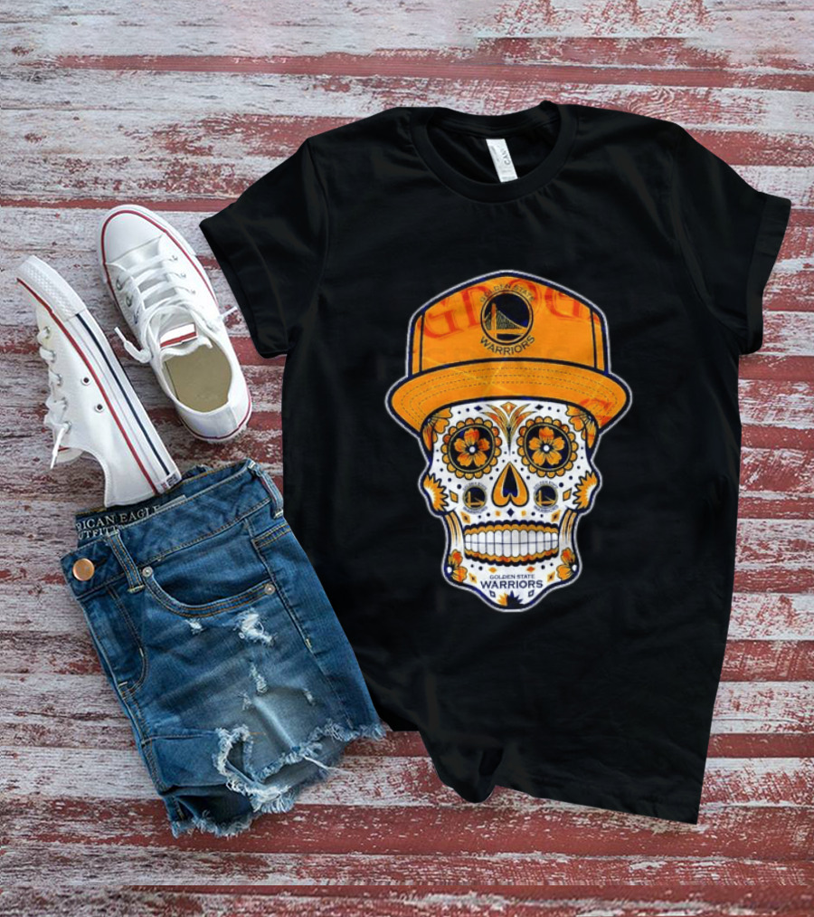 Golden State Warriors Sugar Skull Día De Muertos Cap And Floral T-Shirt