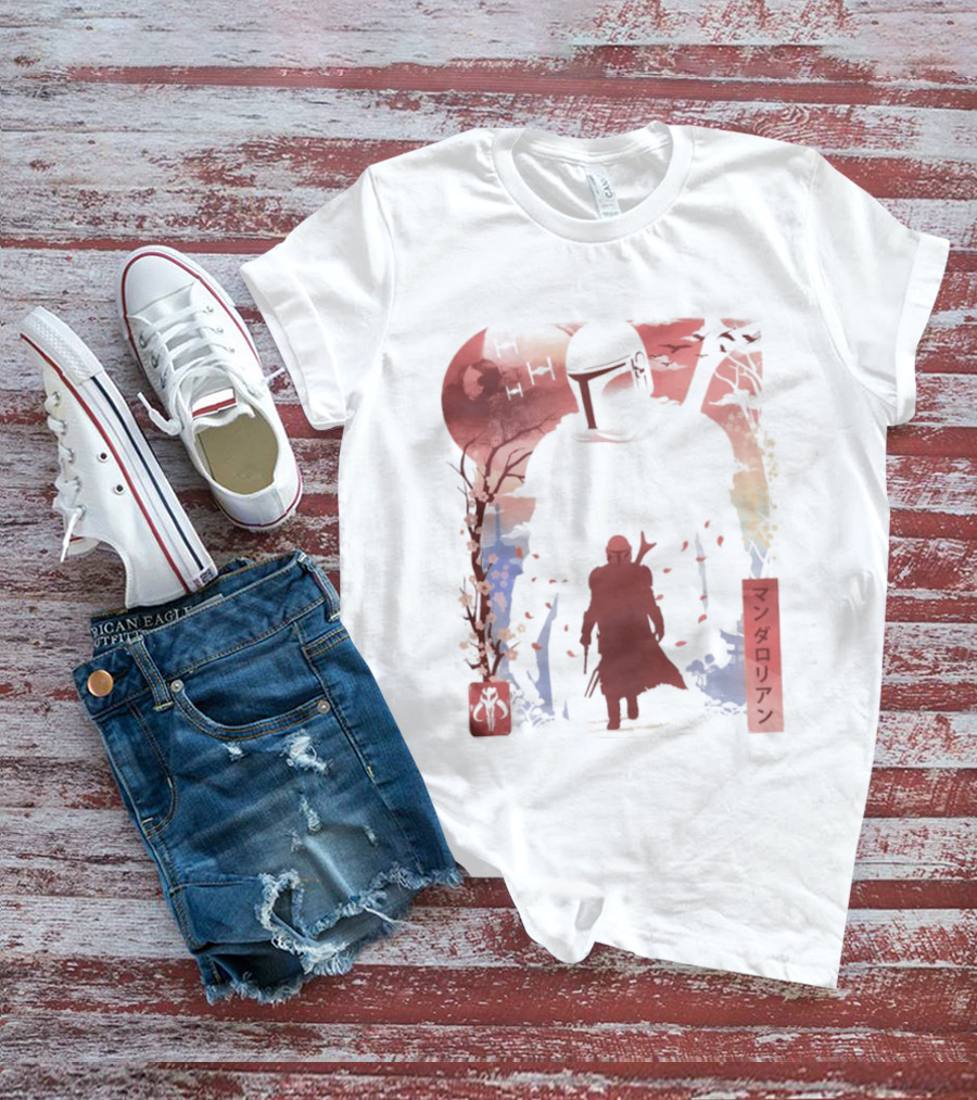 Lone Gunfighter Mandalorian Creed Japanese Text Star Wars Art Red Blue Yellow T-Shirt