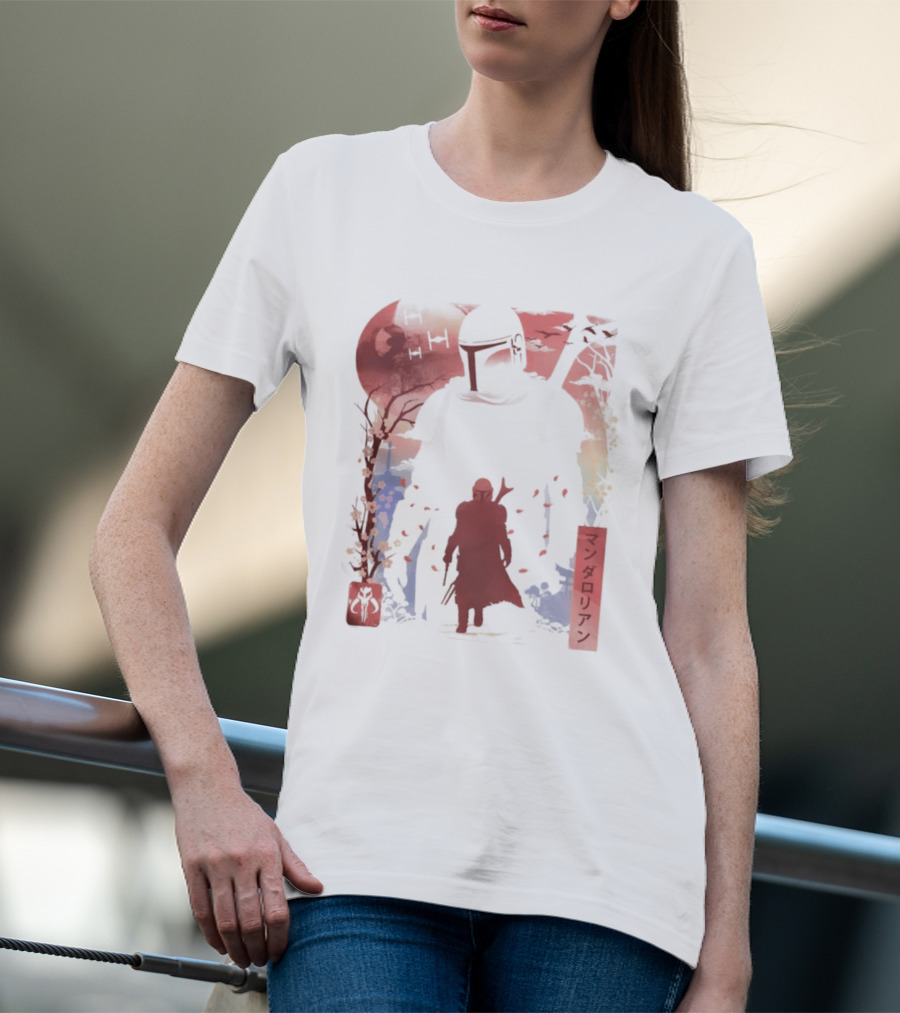 Lone Gunfighter Mandalorian Creed Japanese Text Star Wars Art Red Blue Yellow T-Shirt
