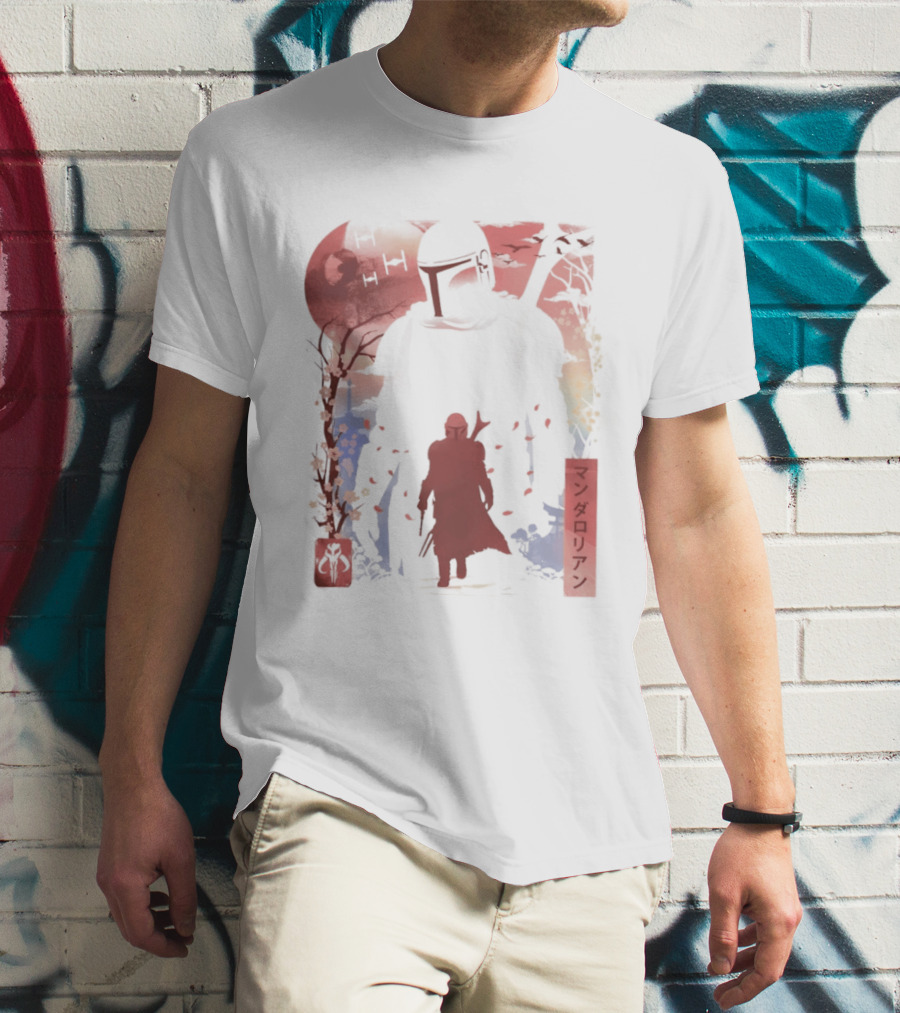Lone Gunfighter Mandalorian Creed Japanese Text Star Wars Art Red Blue Yellow T-Shirt