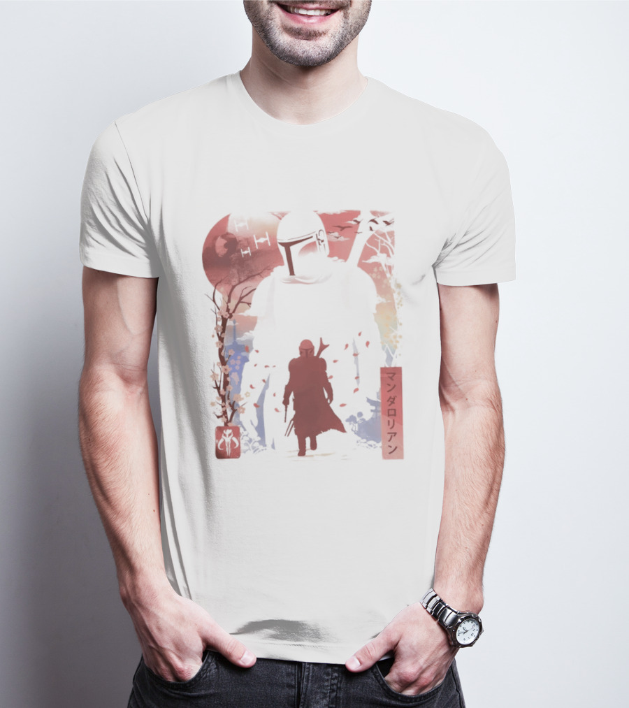Lone Gunfighter Mandalorian Creed Japanese Text Star Wars Art Red Blue Yellow T-Shirt